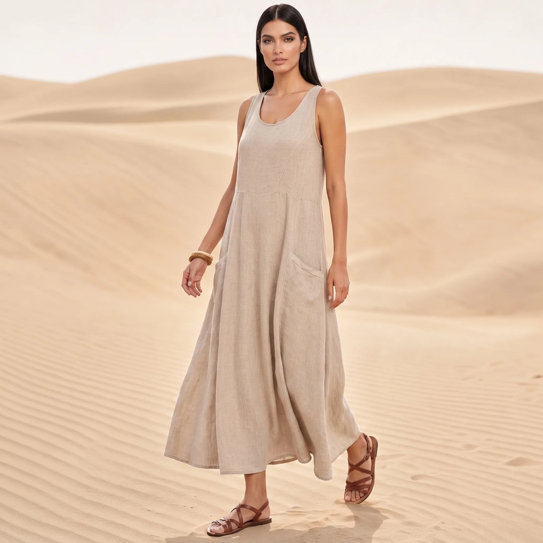 Khaki maxi dress with side pockets, model in three-quarter turn