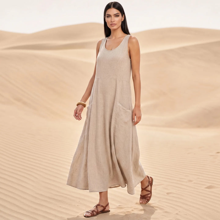 Khaki maxi dress with side pockets, model in three-quarter turn