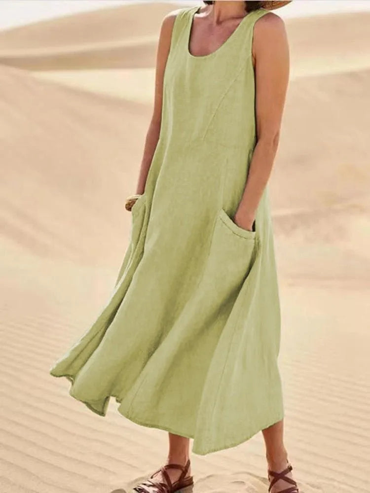 Light green maxi dress with side pockets, full-length back view