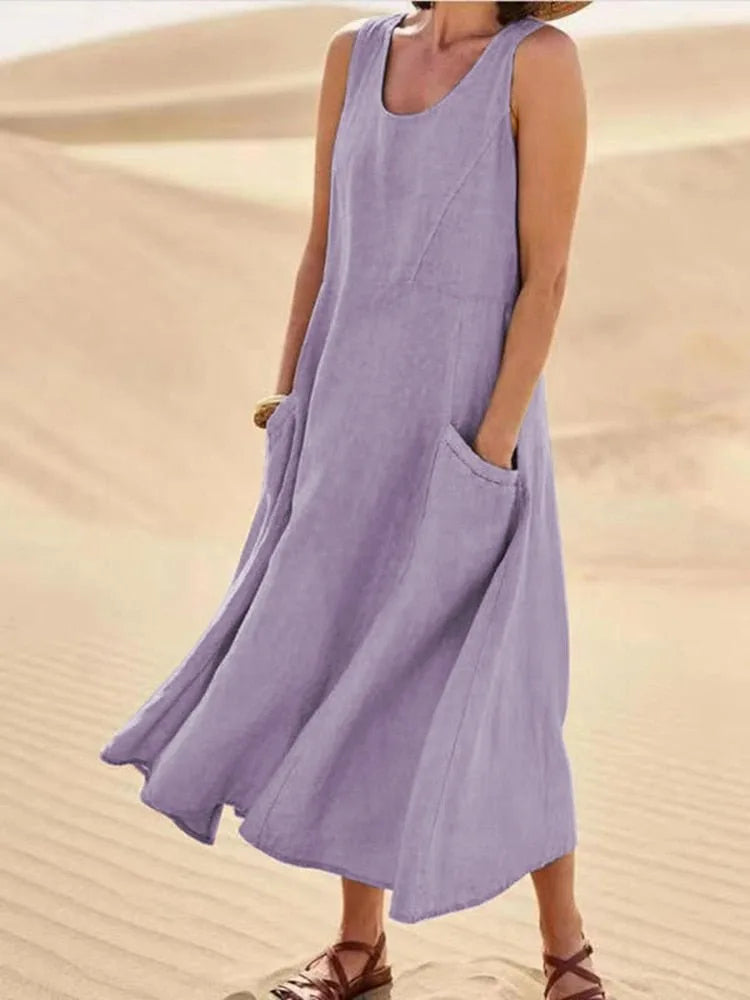 Close-up detail of purple maxi dress with side pocket