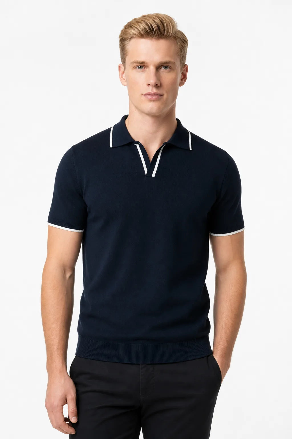 Navy blue knit polo with contrast trim, model in contrapposto stance
