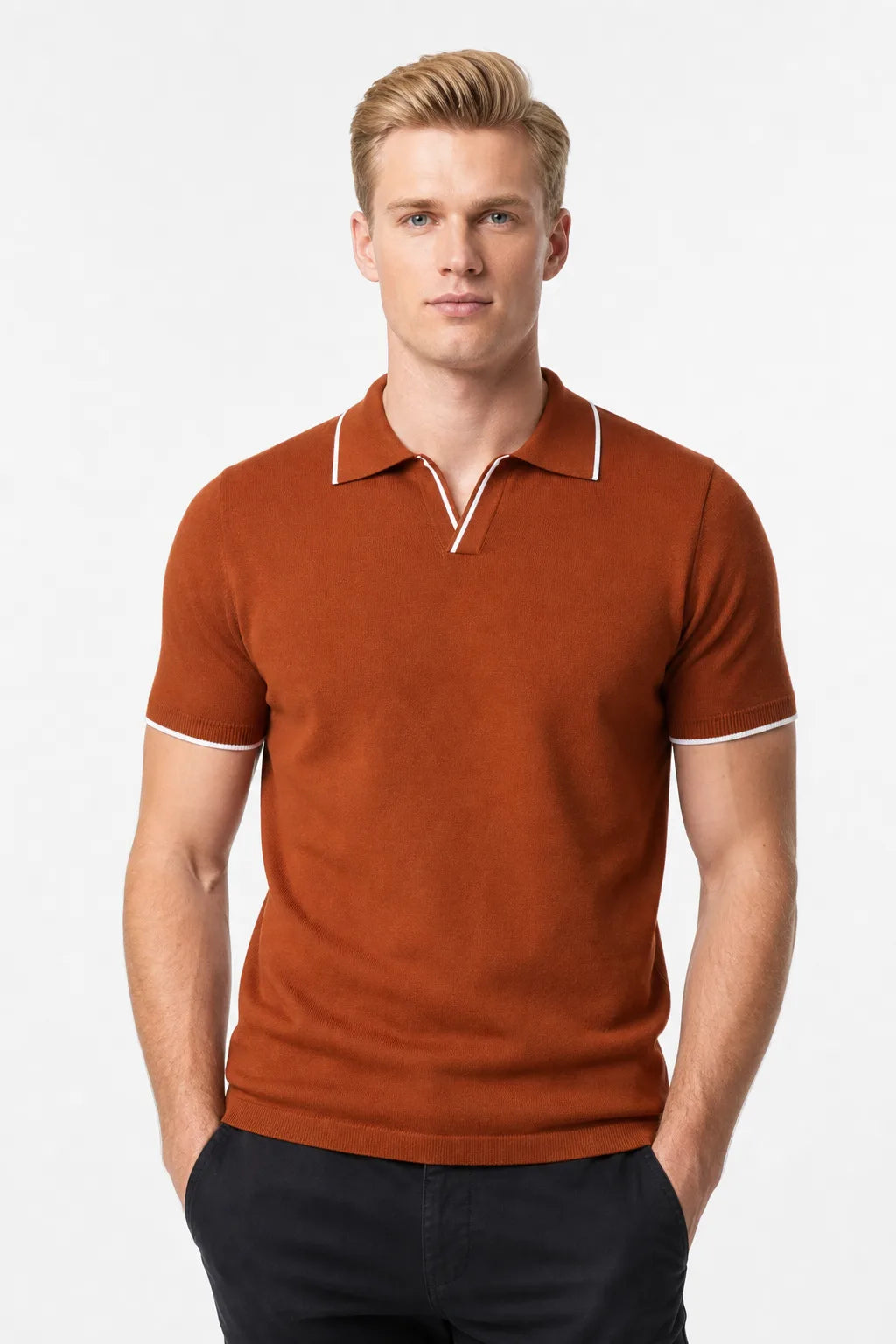 Rust knit polo with contrast trim, model in contrapposto stance