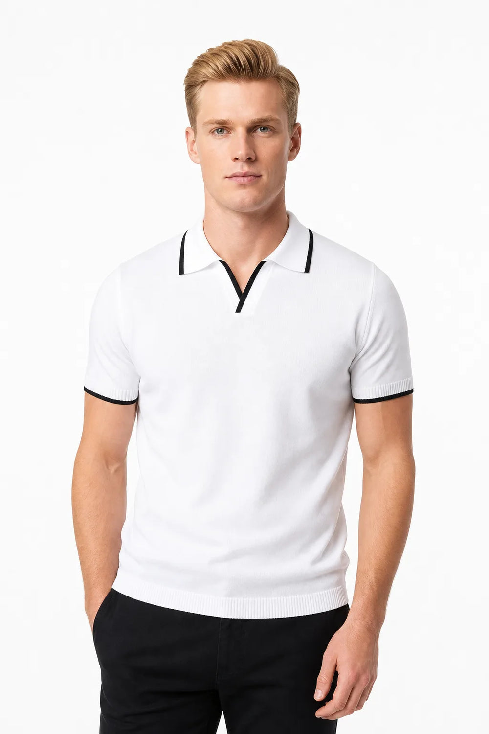 White knit polo with contrast trim, model in contrapposto stance