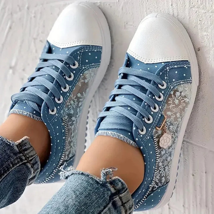 Light blue embroidered mesh platform sneaker, heel view