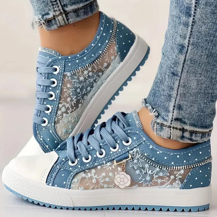 Light blue embroidered mesh platform sneaker, front view
