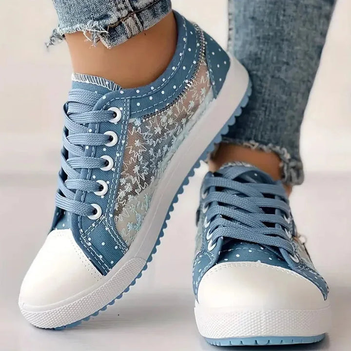 Light blue embroidered mesh platform sneaker, side profile