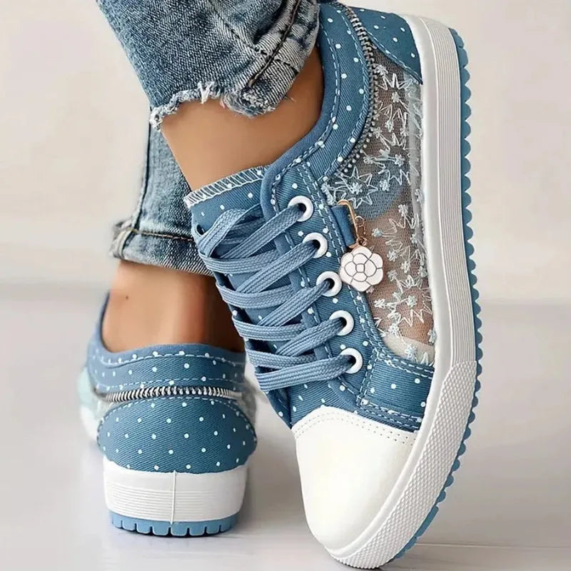 Light blue embroidered mesh platform sneaker, three-quarter view