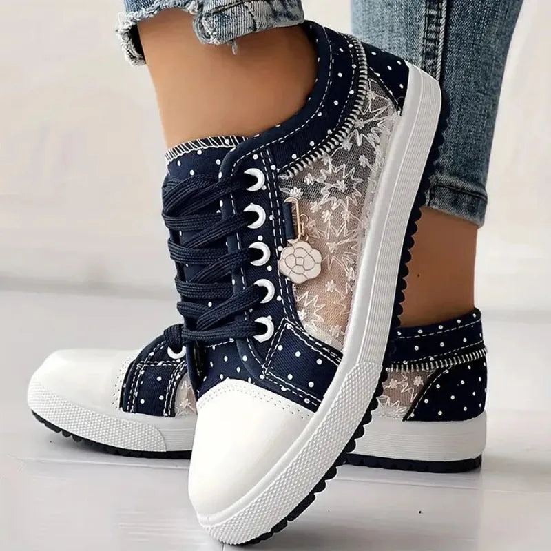 Navy blue embroidered mesh platform sneaker