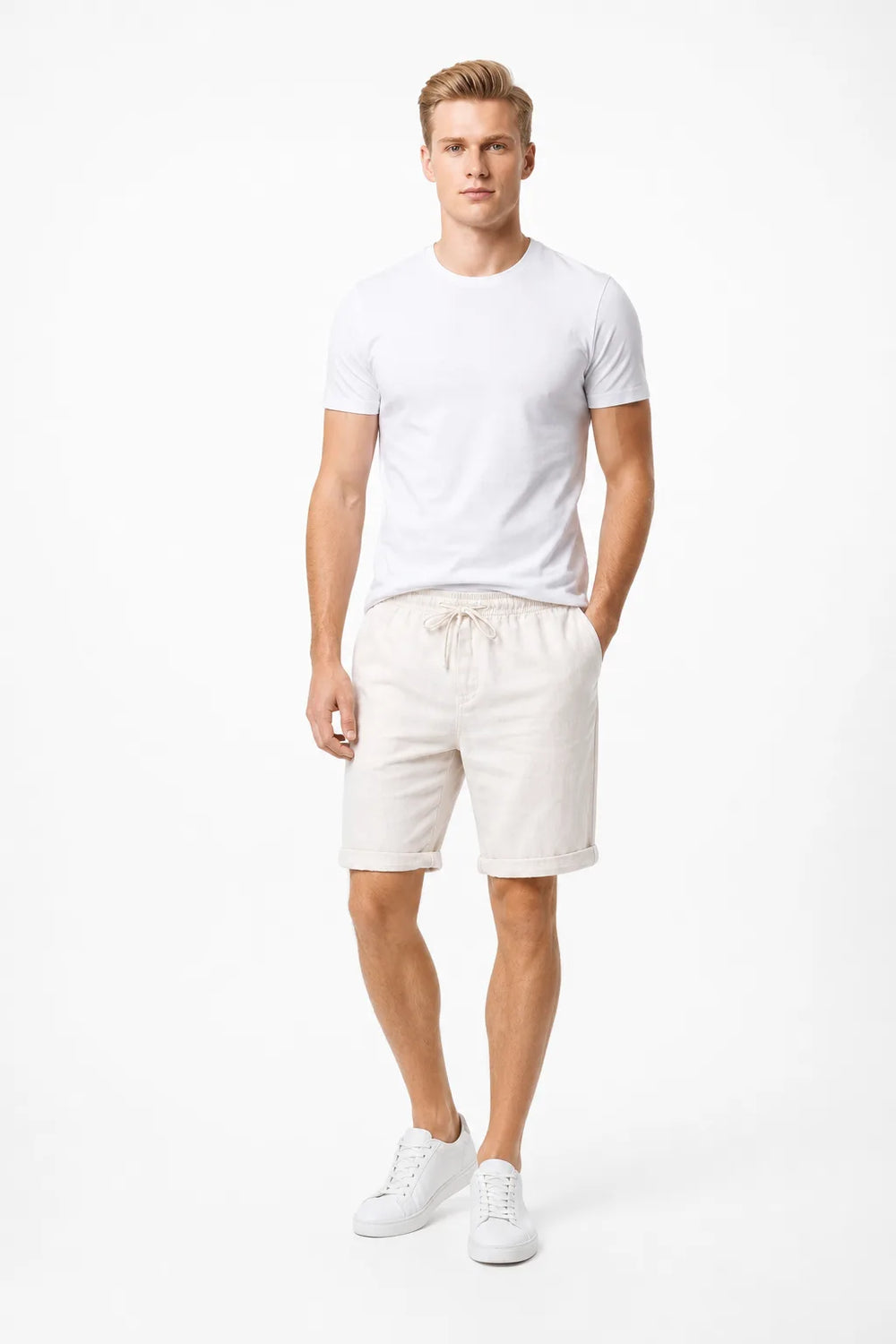 Khaki linen drawstring shorts on a model in a contrapposto stance