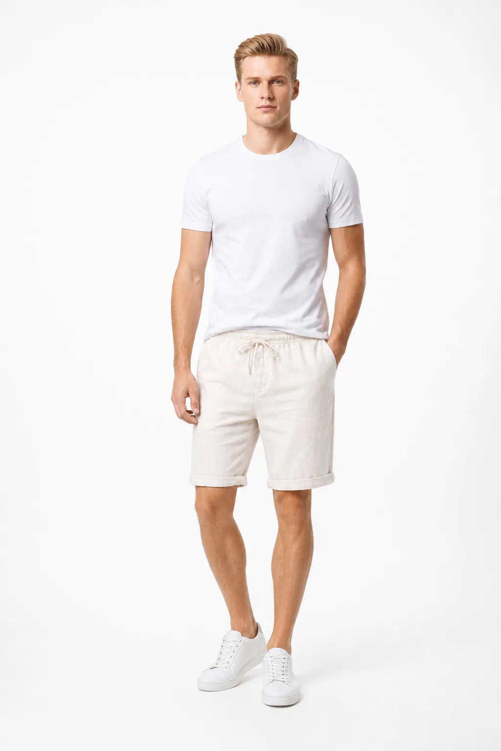 Khaki linen drawstring shorts on a model in a contrapposto stance