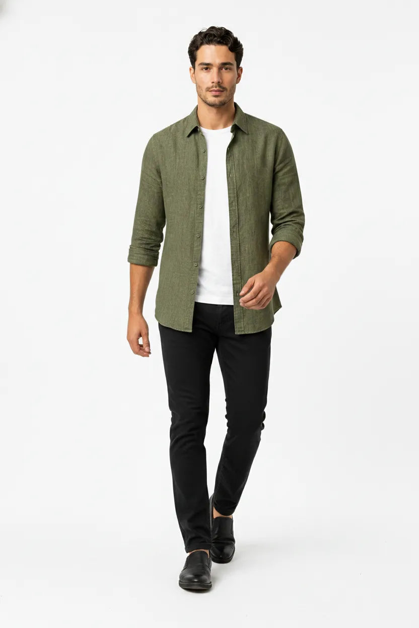 Green linen relaxed overshirt on male model in natural movement pose