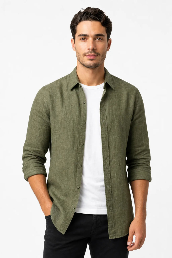 Green linen relaxed overshirt on male model in contrapposto stance