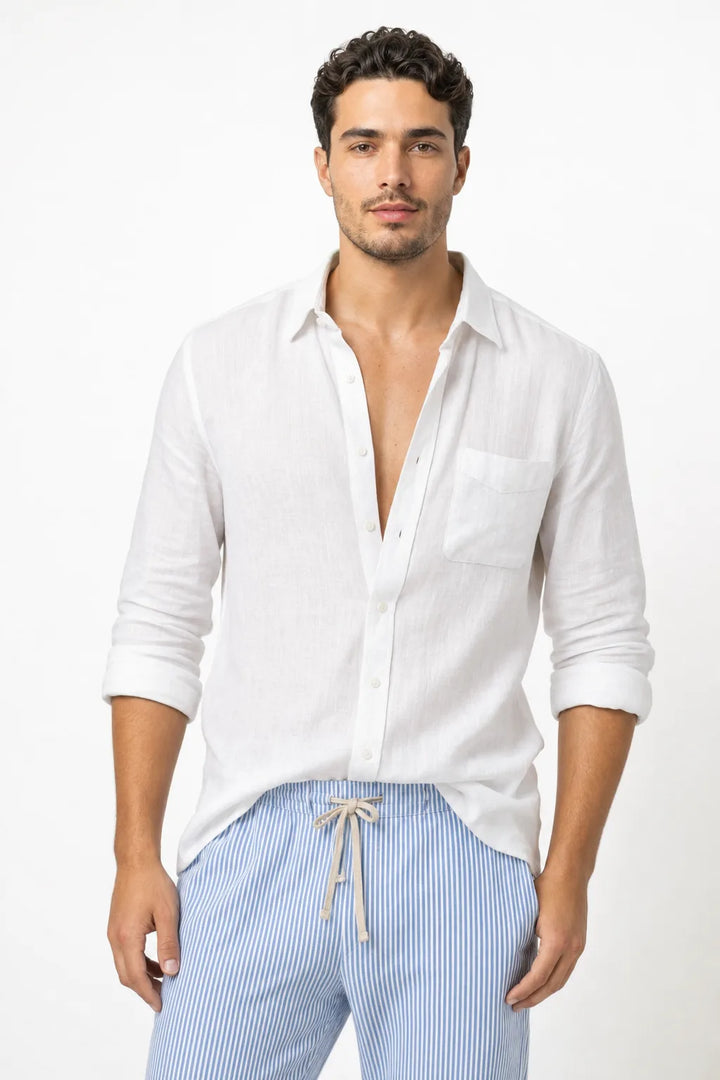 White linen relaxed overshirt on male model in contrapposto stance