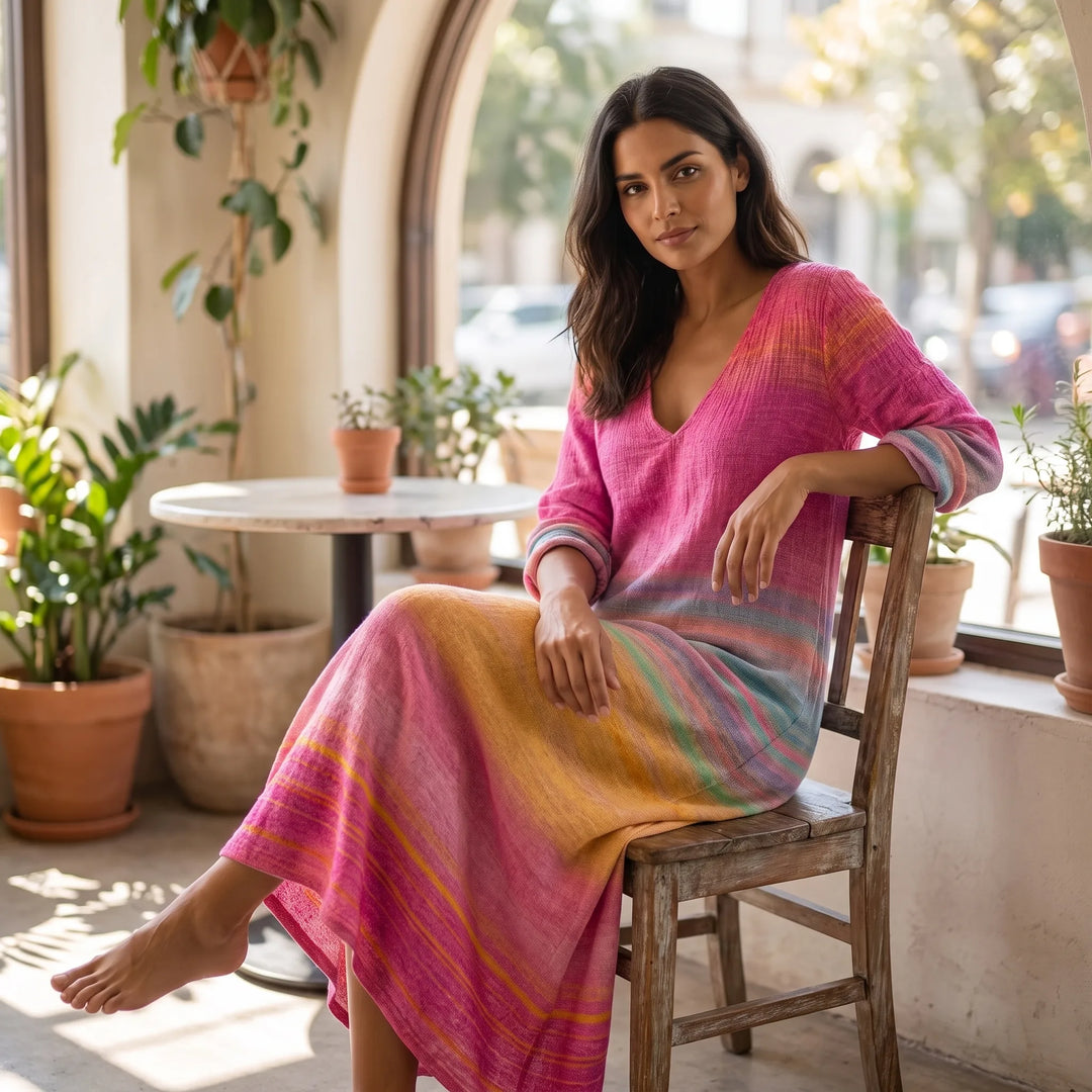 Model in pink gradient stripe maxi dress in a second outdoor lifestyle scene