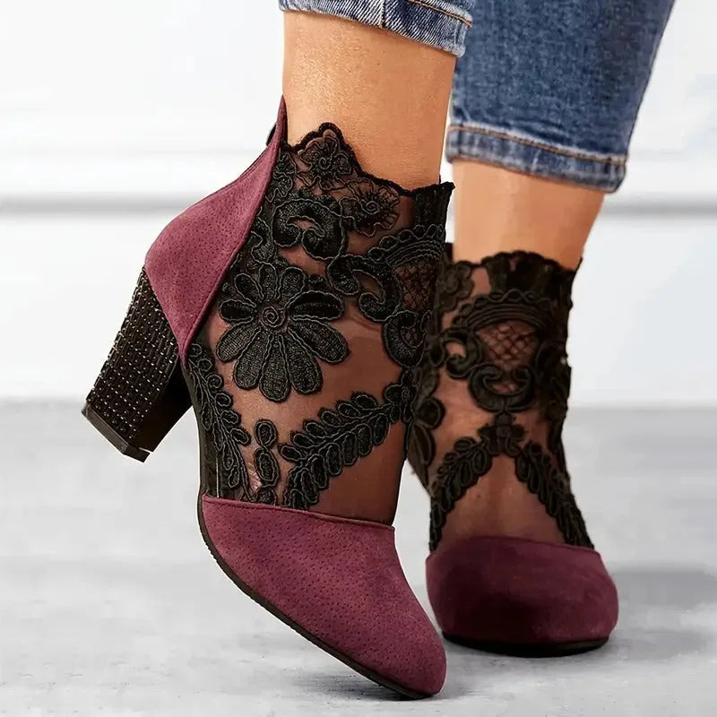 Red lace overlay ankle boot, front view