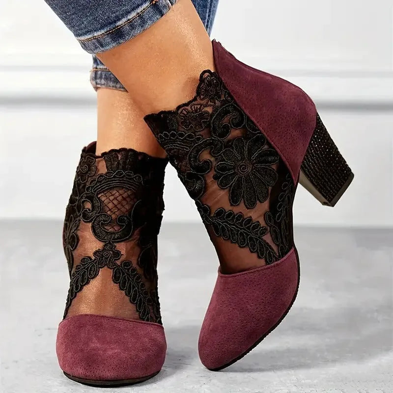 Red lace overlay ankle boot, side profile view