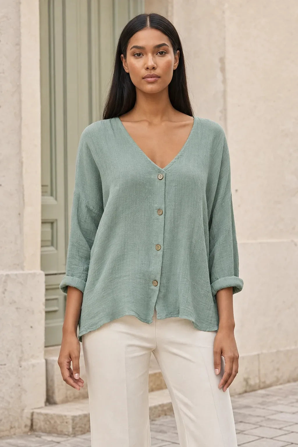 Model in a green button-front relaxed blouse, standing in a contrapposto pose