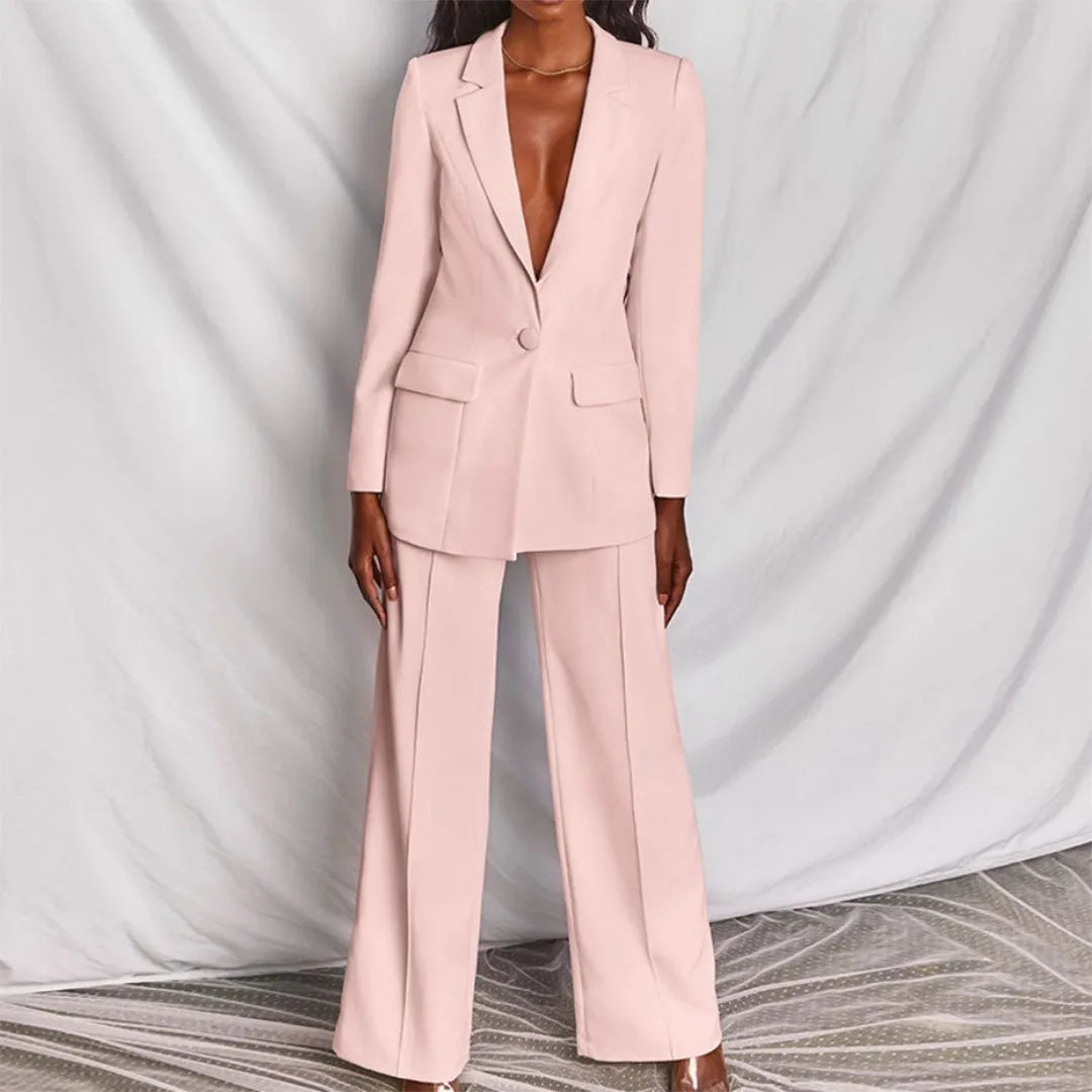 Woman styling a yellow tailored blazer suit set, full-length view
