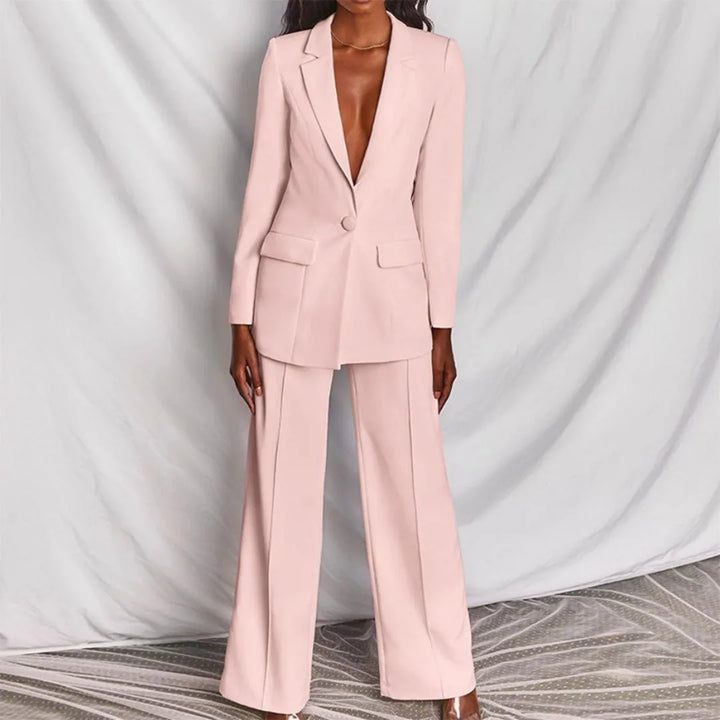 Woman styling a yellow tailored blazer suit set, full-length view