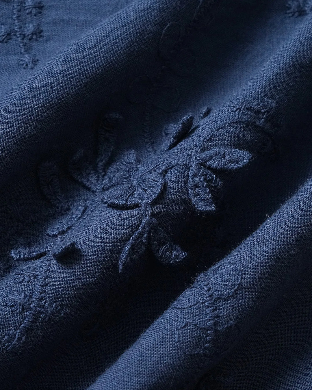 Close-up detail of lace trim and embroidery on a blue blouse