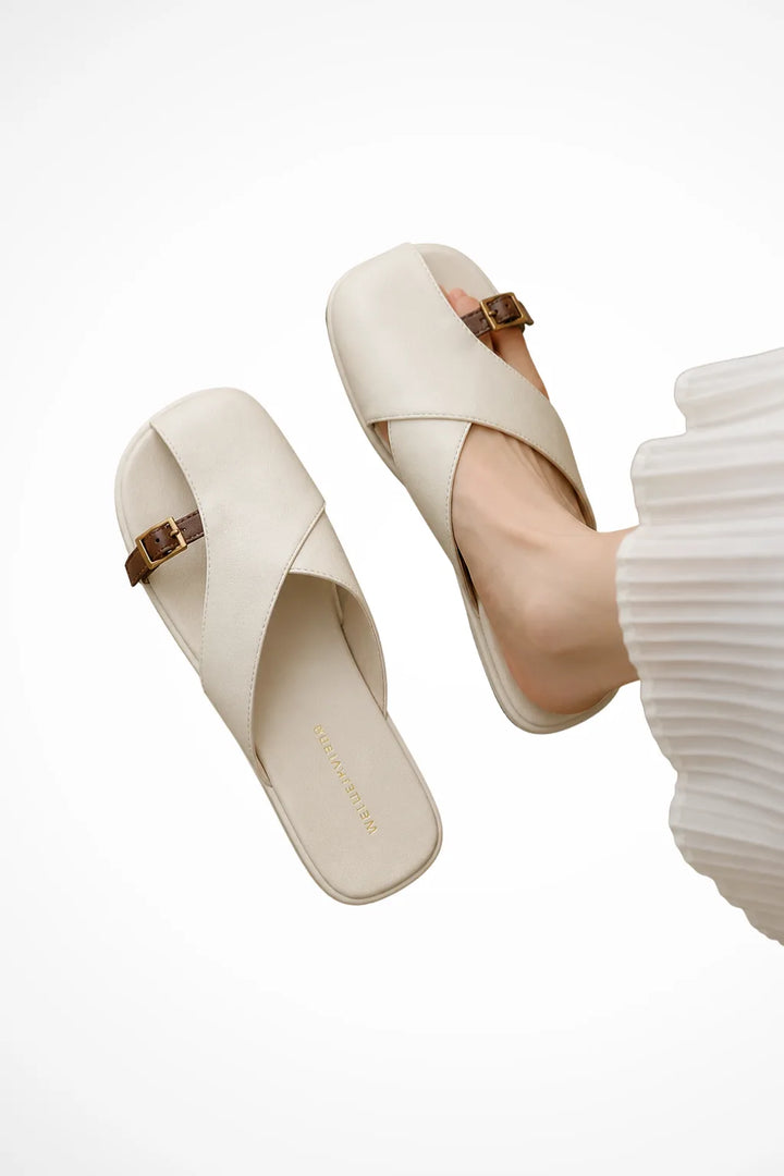 Ivory cross strap square toe mule, front view