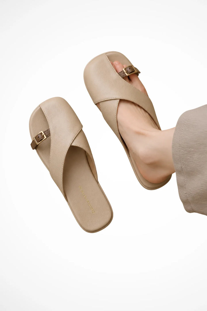 Khaki cross strap square toe mule, front view