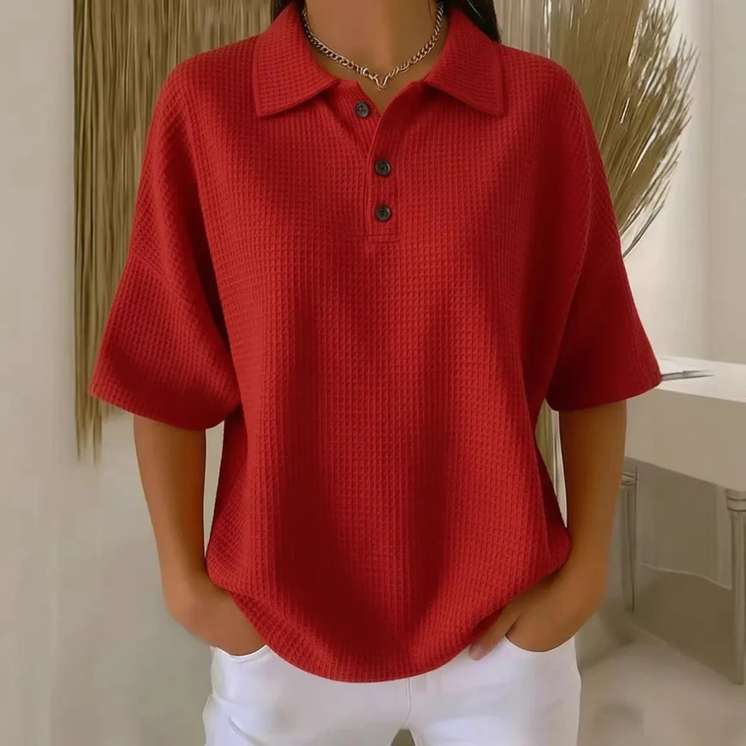 Red waffle knit polo top on model, front-facing view