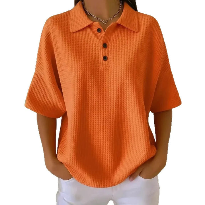 Red waffle knit polo top on model, additional styled view