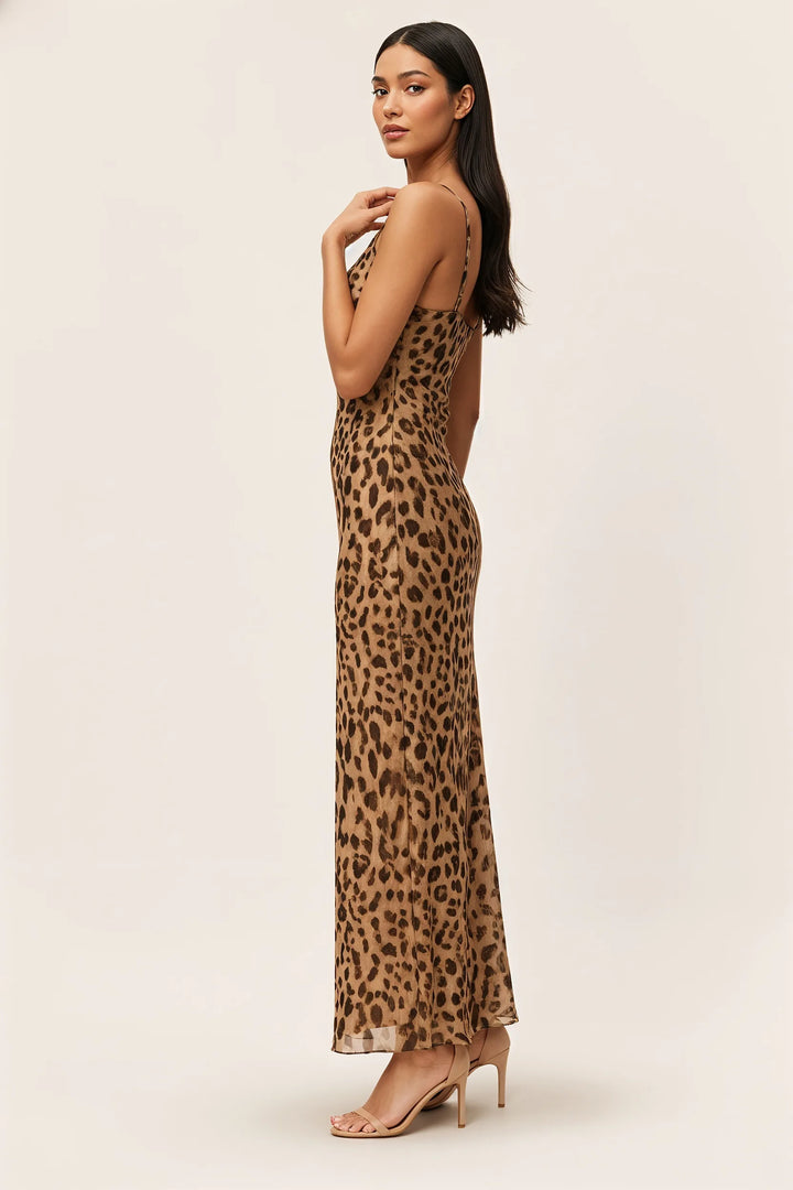 Leopard print mesh maxi dress on model in three-quarter turn