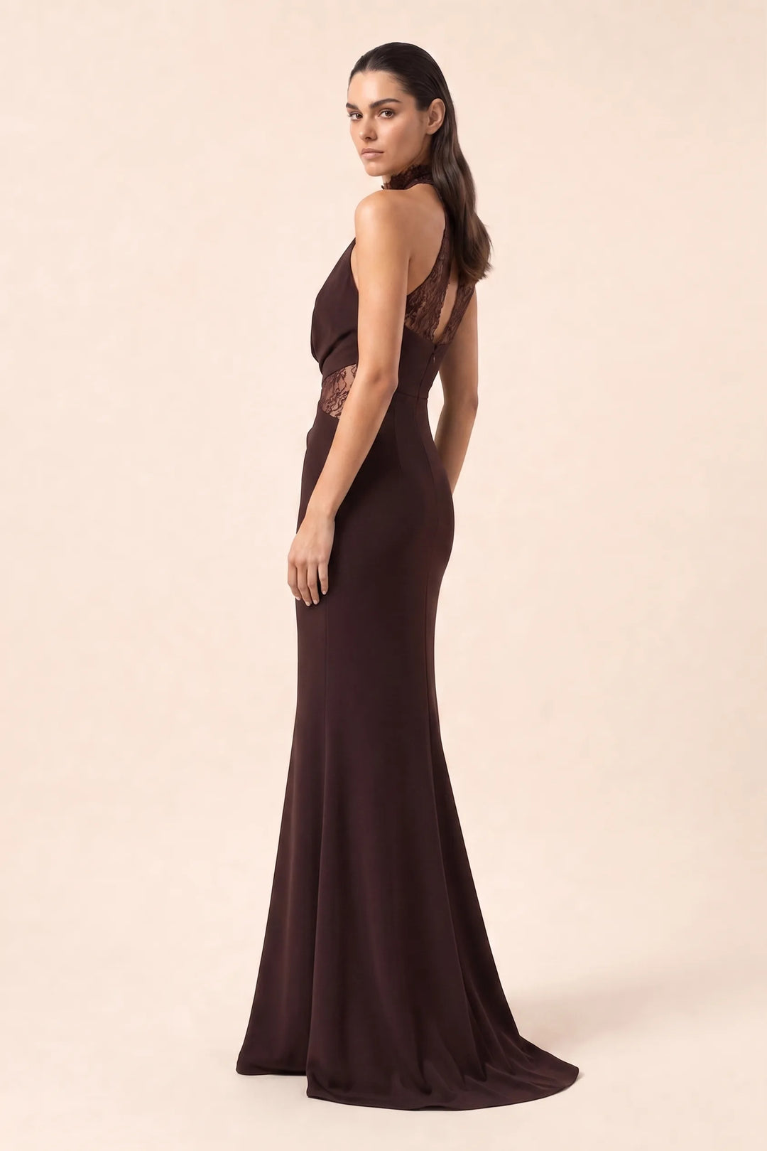 Red brown lace panel halter gown on model in three-quarter turn