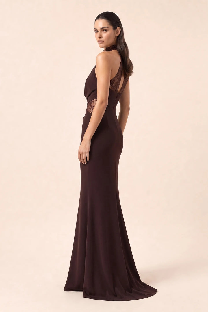 Red brown lace panel halter gown on model in three-quarter turn