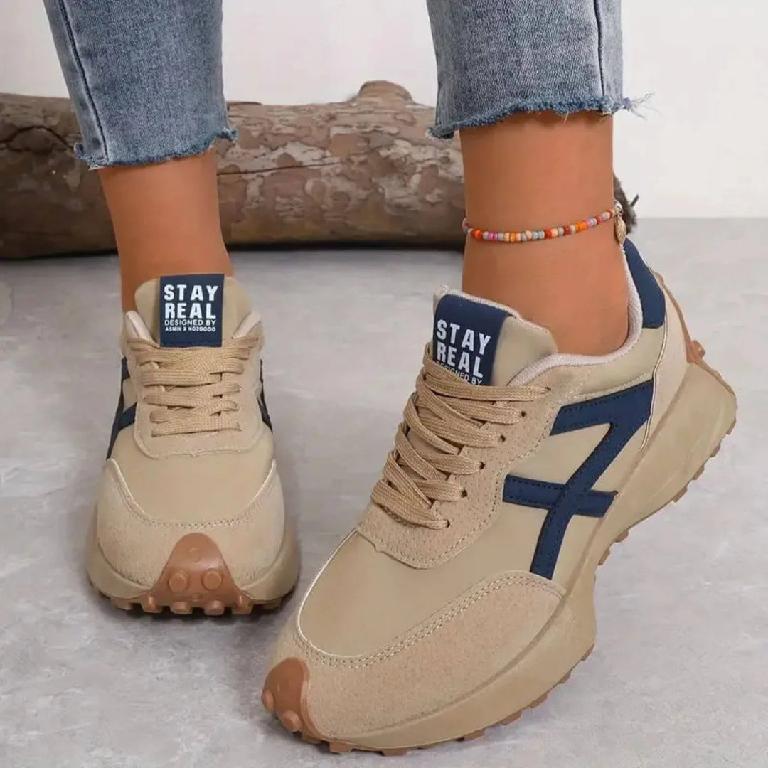 Beige retro lug sole sneaker, three-quarter angle view