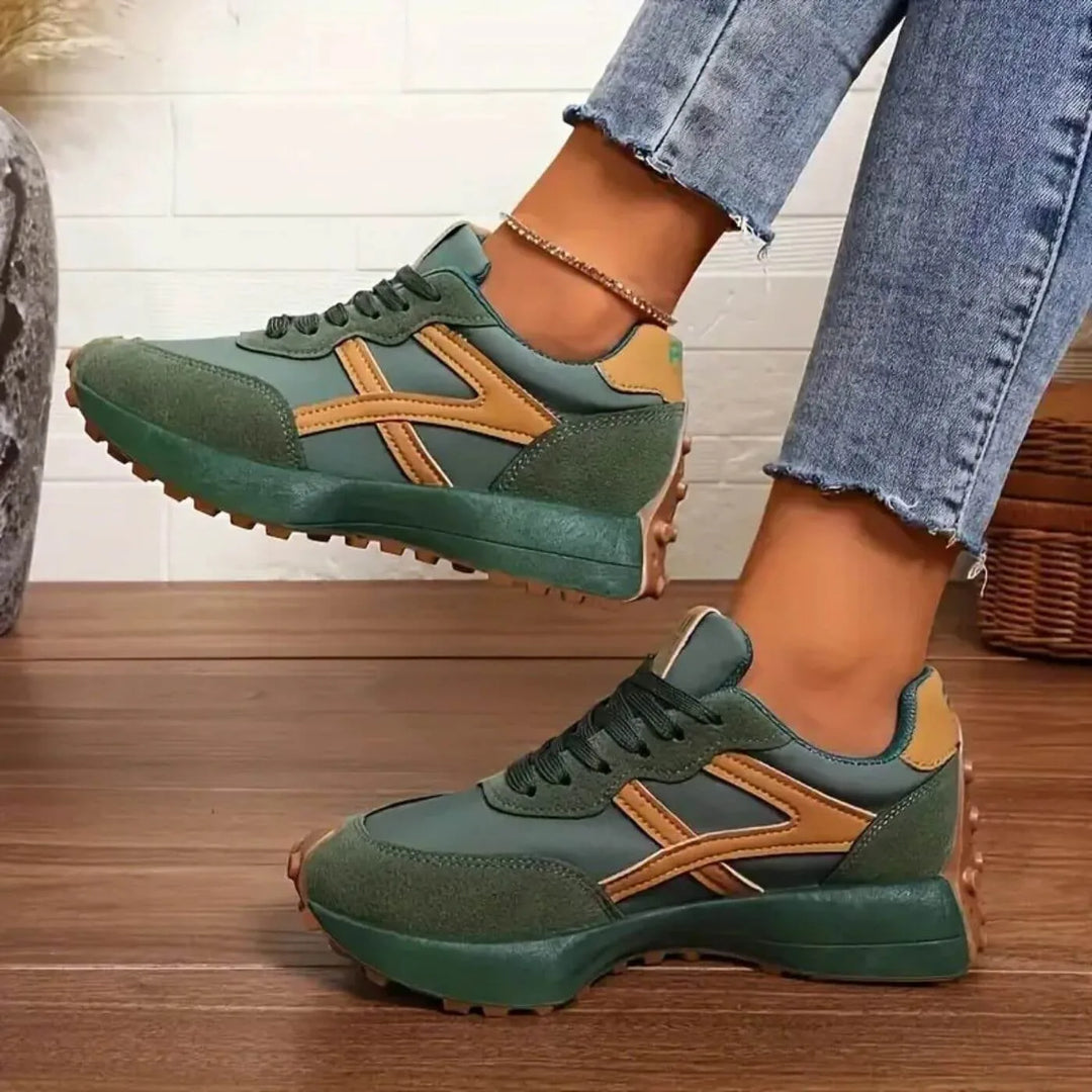 Green retro lug sole sneaker, heel view