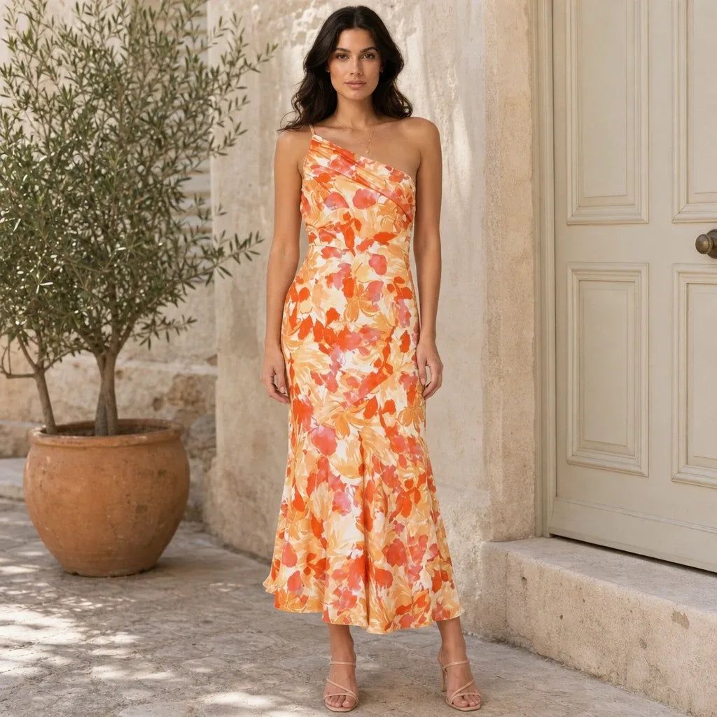 Orange floral one-shoulder midi dress on model in contrapposto stance