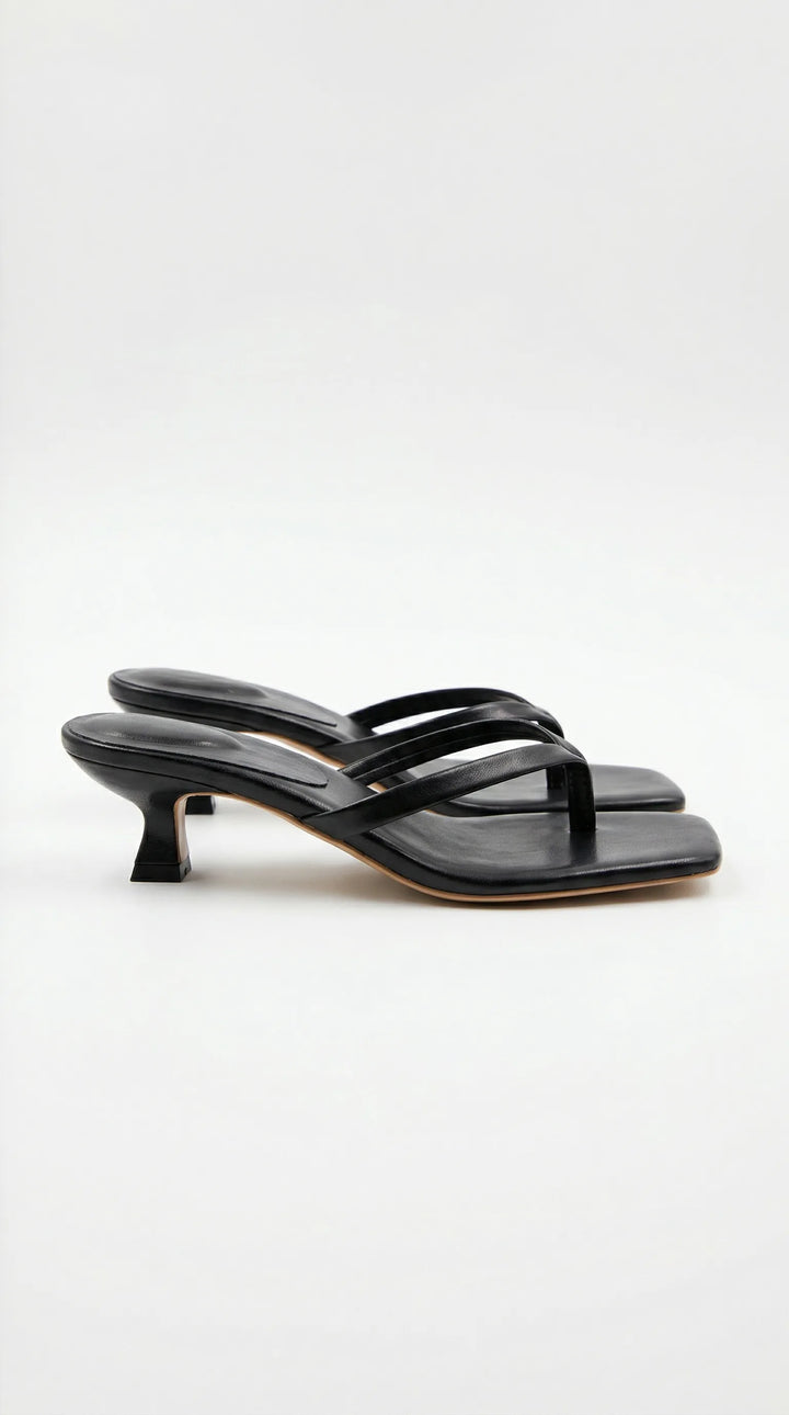Black kitten heel thong mule, front view