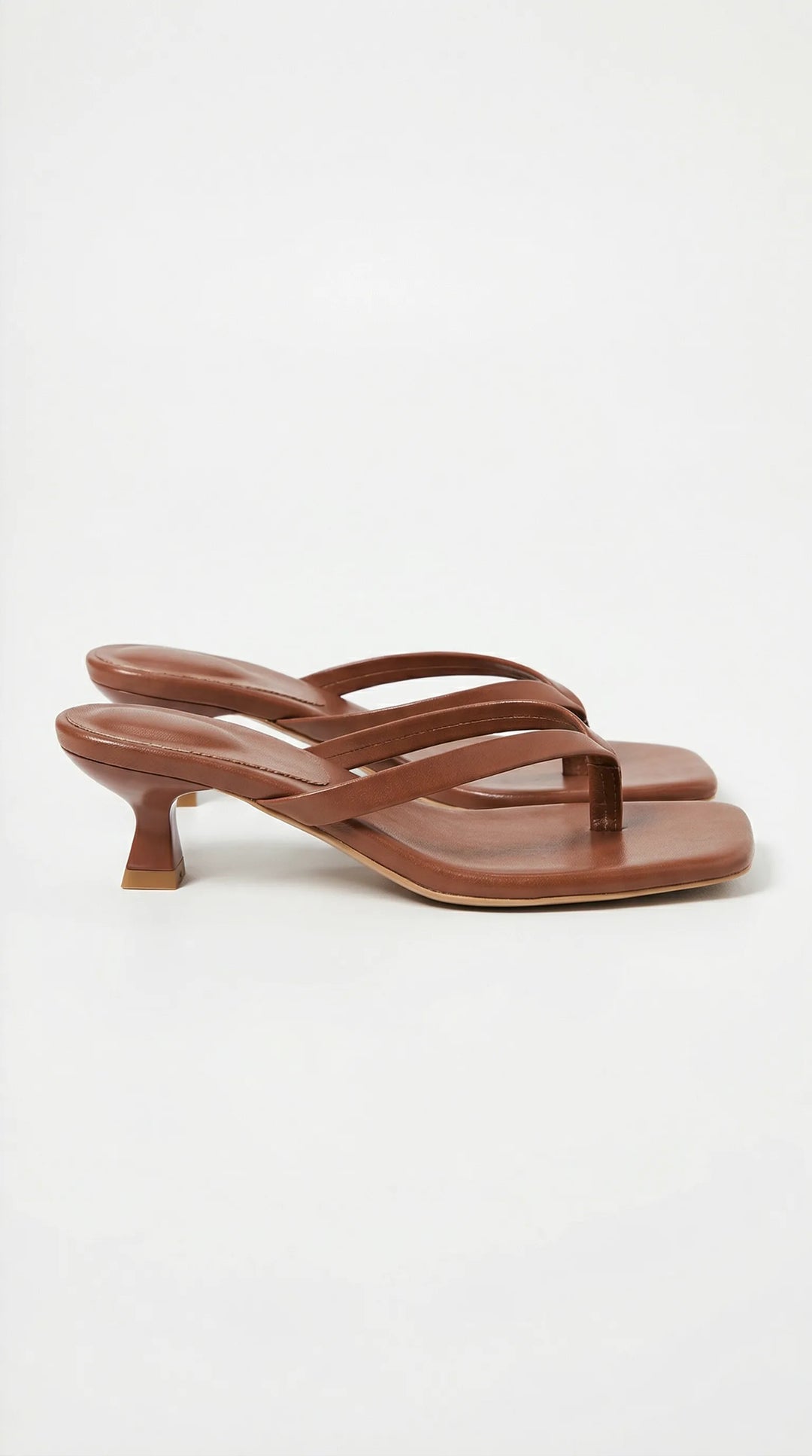 Brown kitten heel thong mule, front view