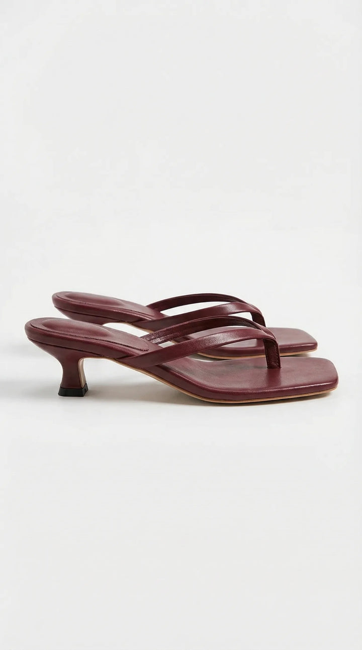 Reddish brown kitten heel thong mule, front view