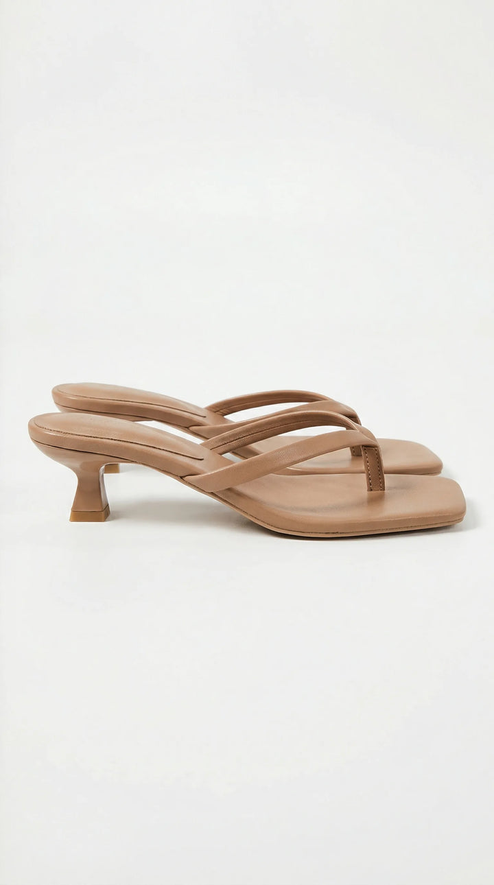 Tan kitten heel thong mule, front view