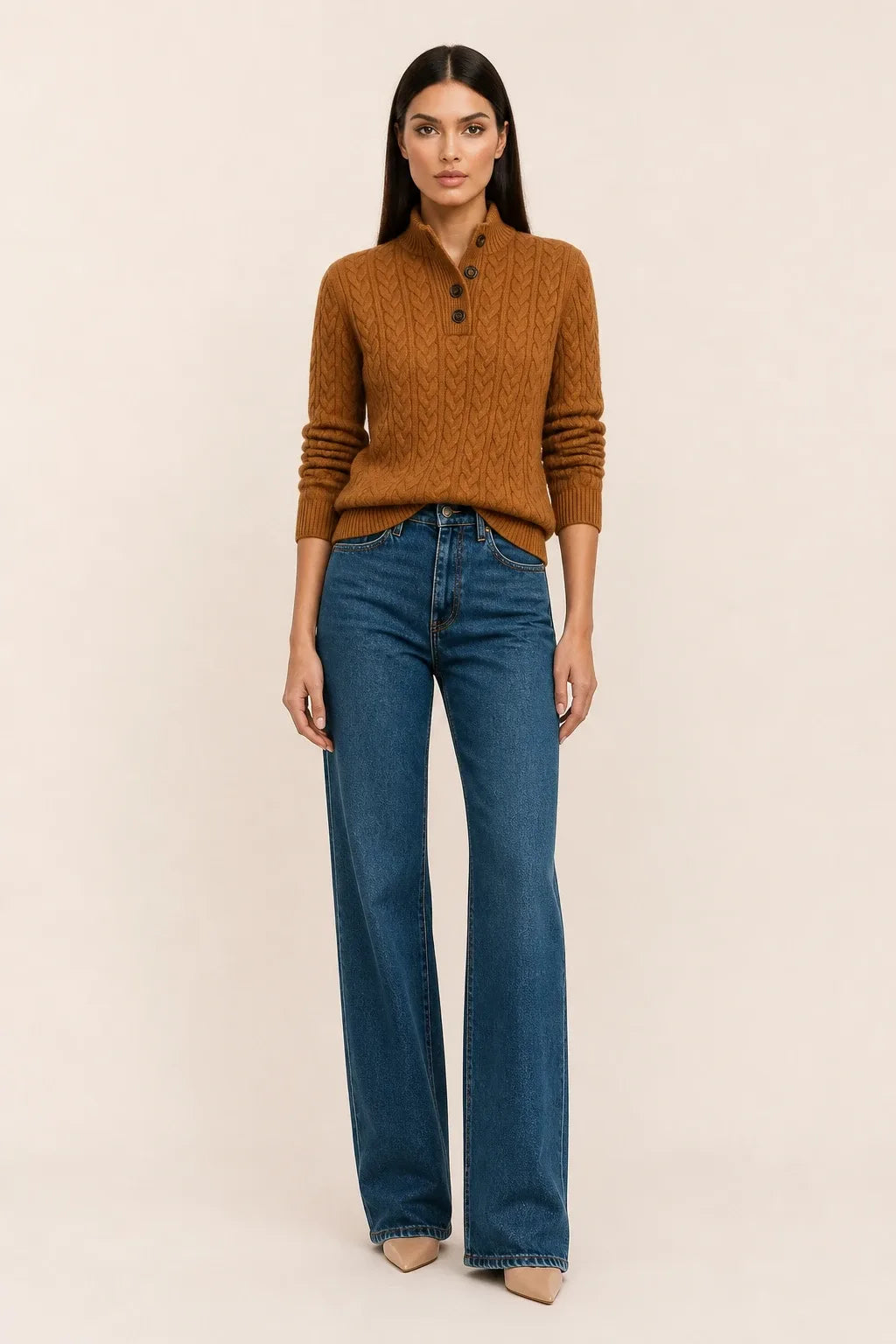 Vintage brown cable knit button-neck sweater on a model in a contrapposto stance