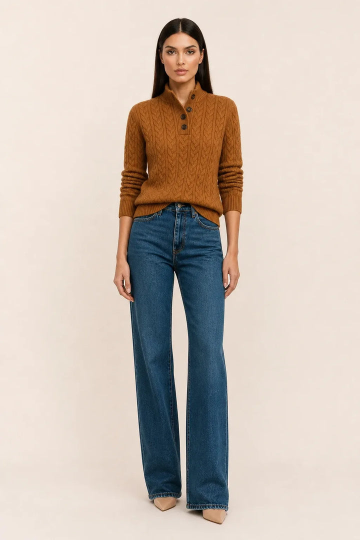 Vintage brown cable knit button-neck sweater on a model in a contrapposto stance