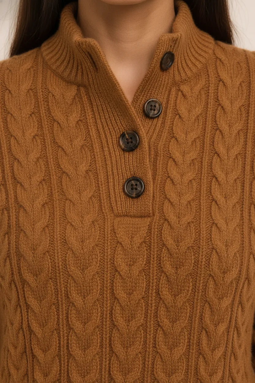 Close-up detail of a vintage brown cable knit button-neck sweater