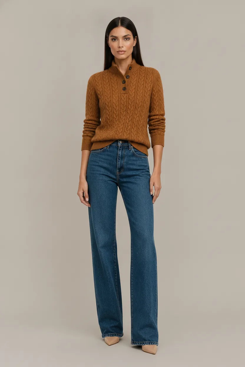 Vintage brown cable knit button-neck sweater displayed outside a storefront