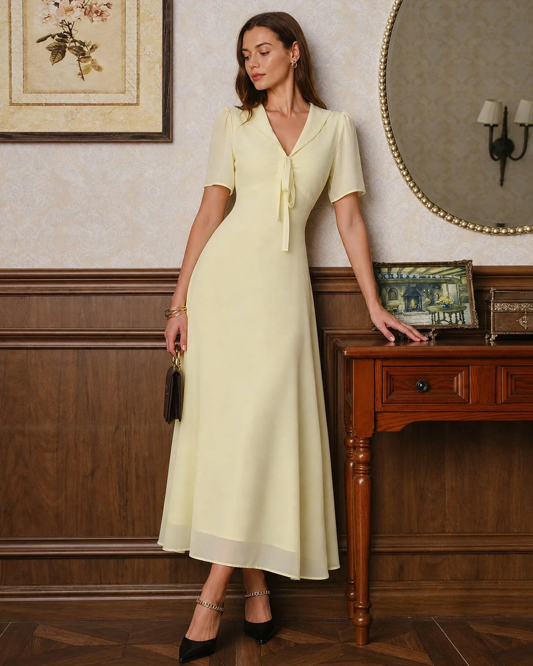 Yellow sailor collar midi dress, model at three-quarter turn