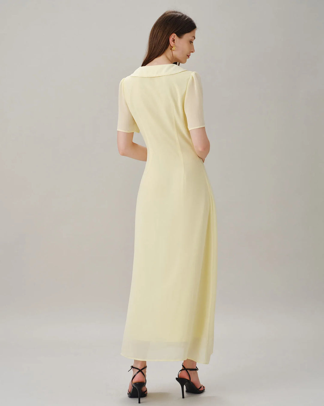 Yellow sailor collar midi dress, styled outfit view on model