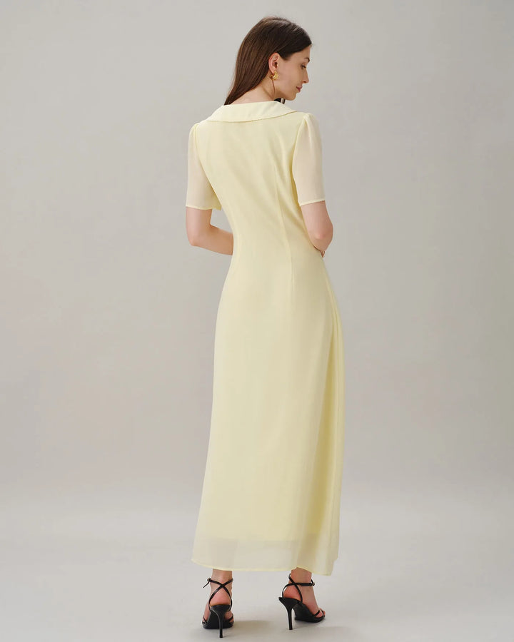 Yellow sailor collar midi dress, styled outfit view on model