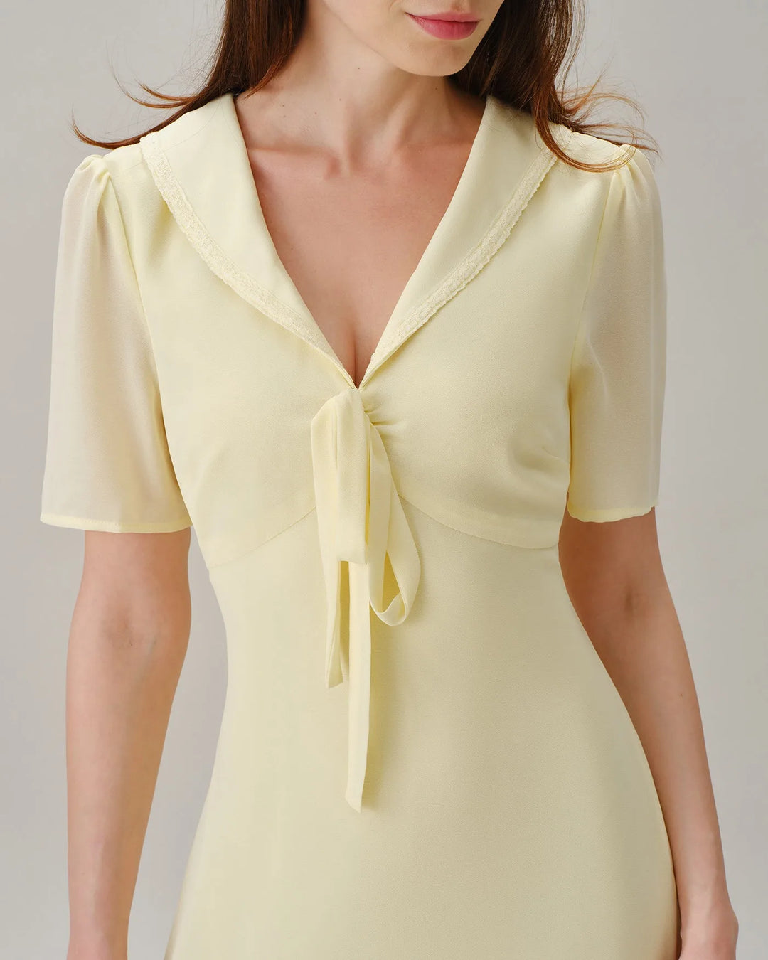 Yellow sailor collar midi dress, full-length front view on model