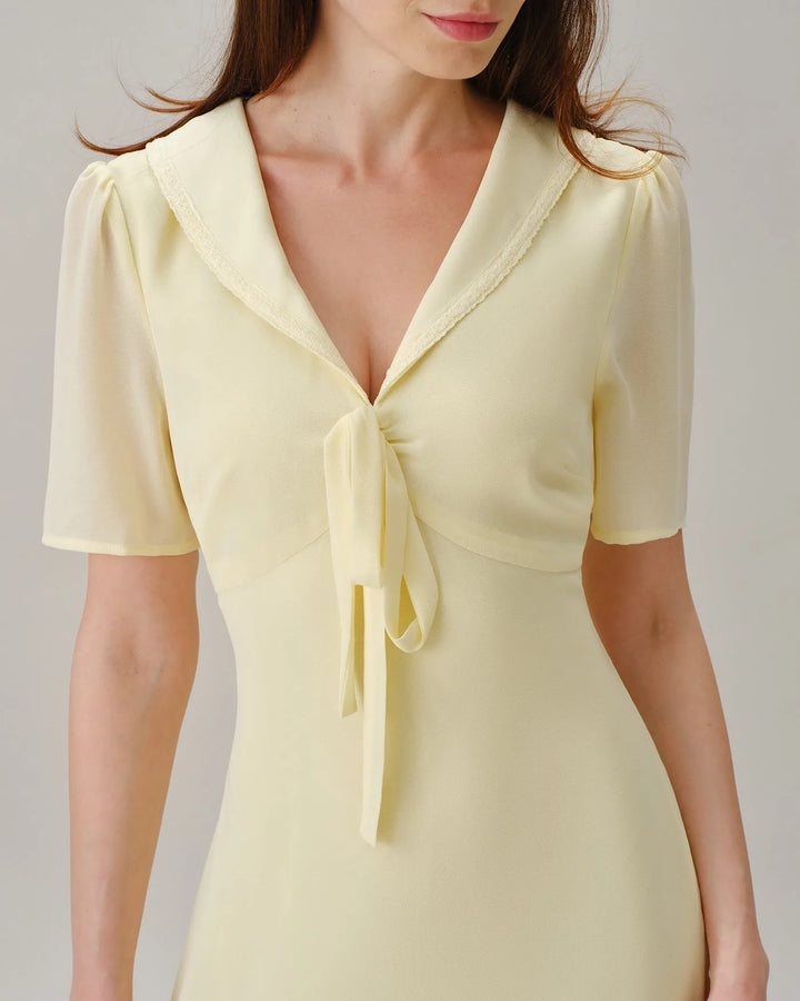 Yellow sailor collar midi dress, full-length front view on model