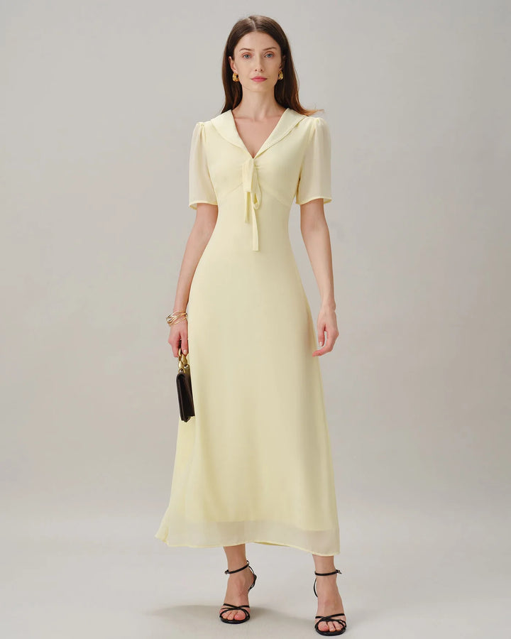 Yellow sailor collar midi dress, model in alternative pose
