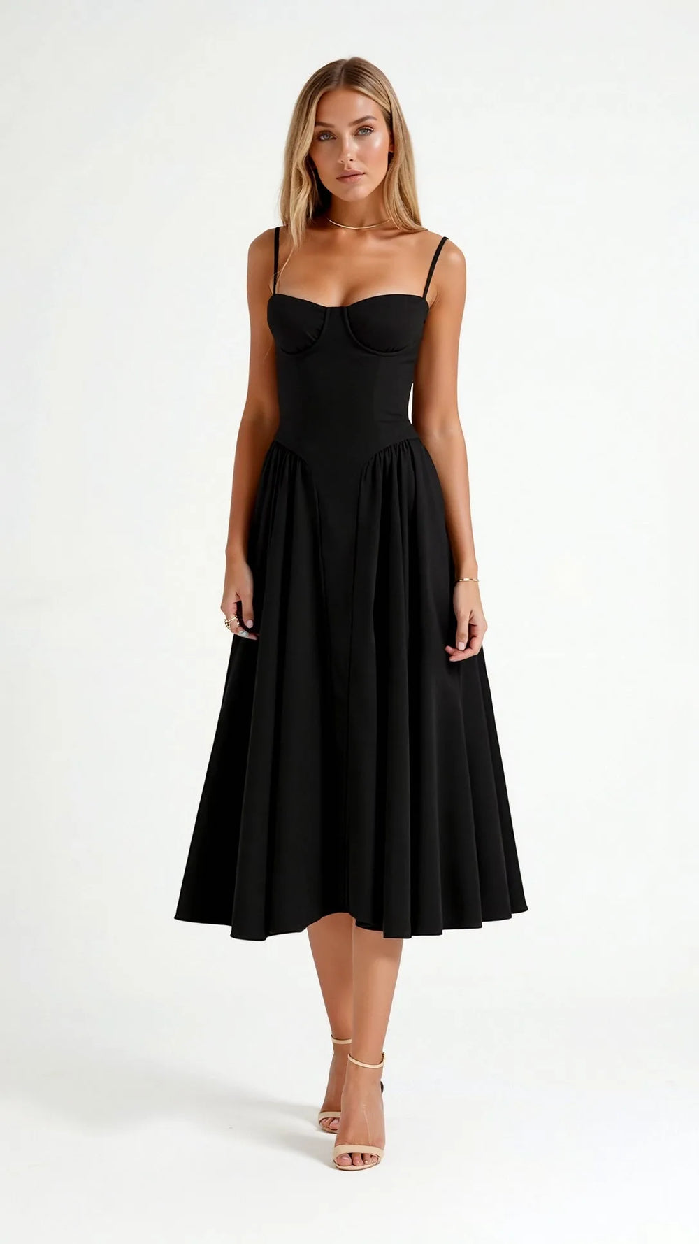 Close-up detail of black floral corset midi dress bodice