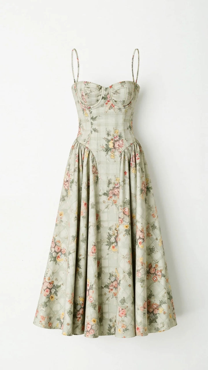 Green floral corset midi dress on model from the side